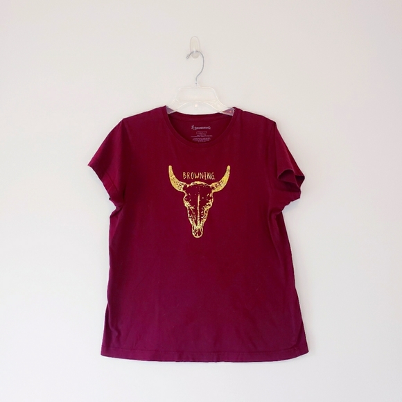 Browning Cow Skull T Shirt Burgundy Deep Red Gold Foil Women's Large - Picture 1 of 4